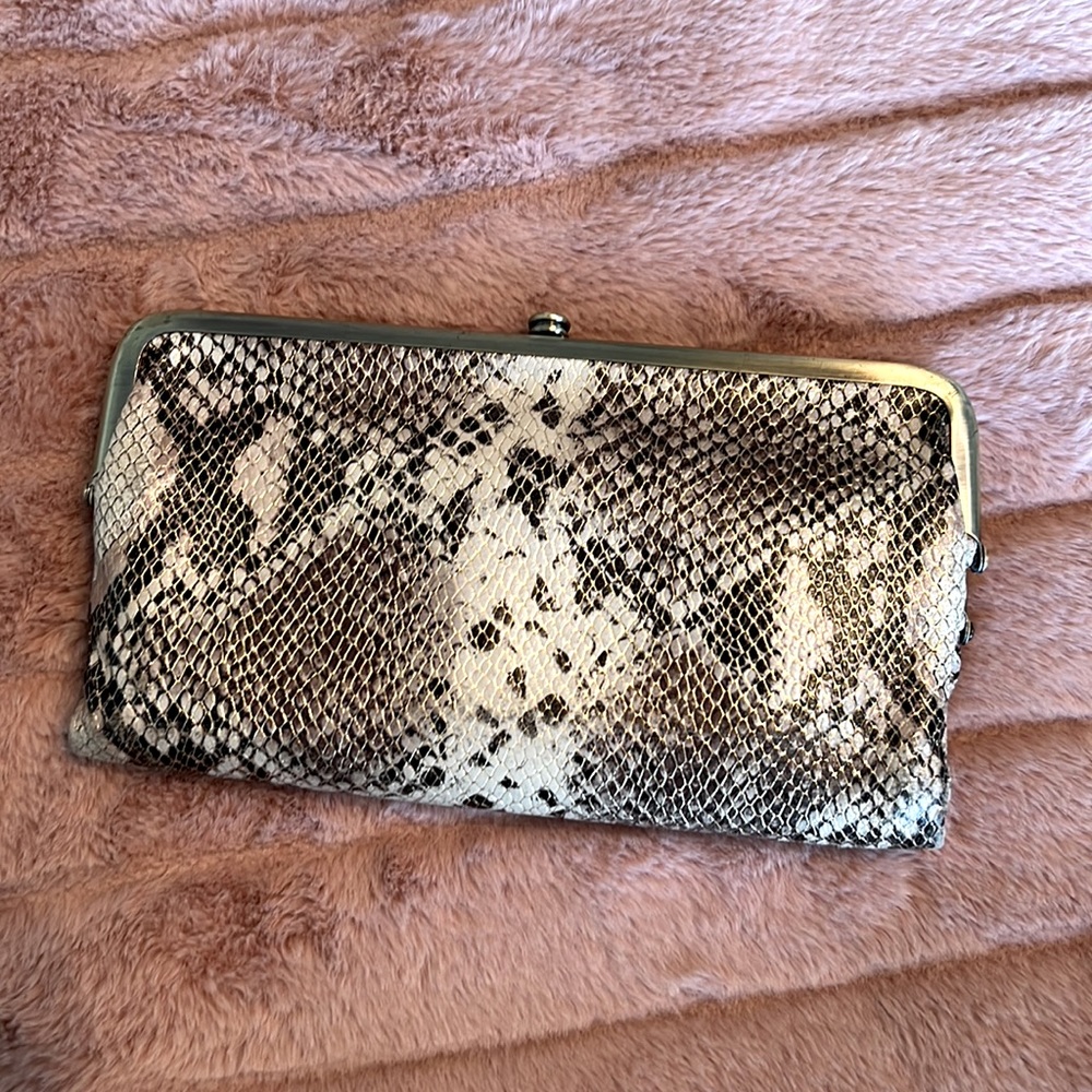 HOBO Snake-Print Frame Wallet in Black, White, Brown